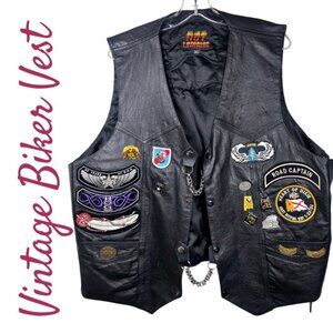 VINTAGE MOTO CLUB HARLEY DAVIDSON BLACK LEATHER BIKER VEST PATCHES CHAIN, 3XL